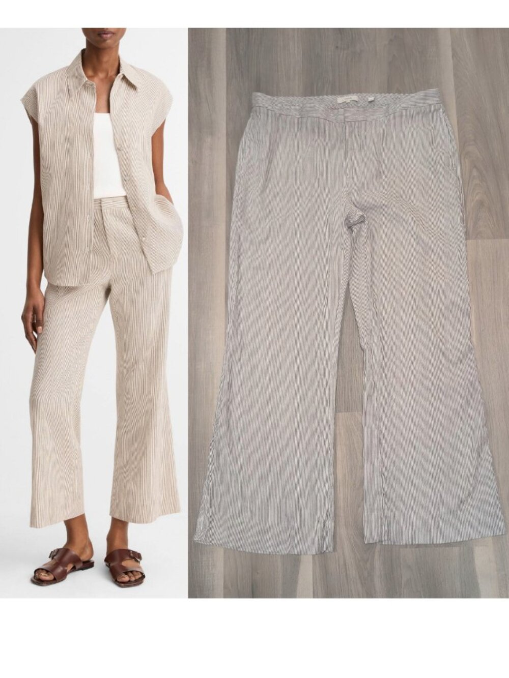 Vince | Ticking Stripe Linen-Cotton Low-Rise Crop Flare Trouser In Taupe Wood